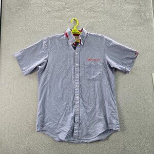 VINTAGE Budweiser Men Button Up Shirt 17 Blue USA 90s Short Sleeve